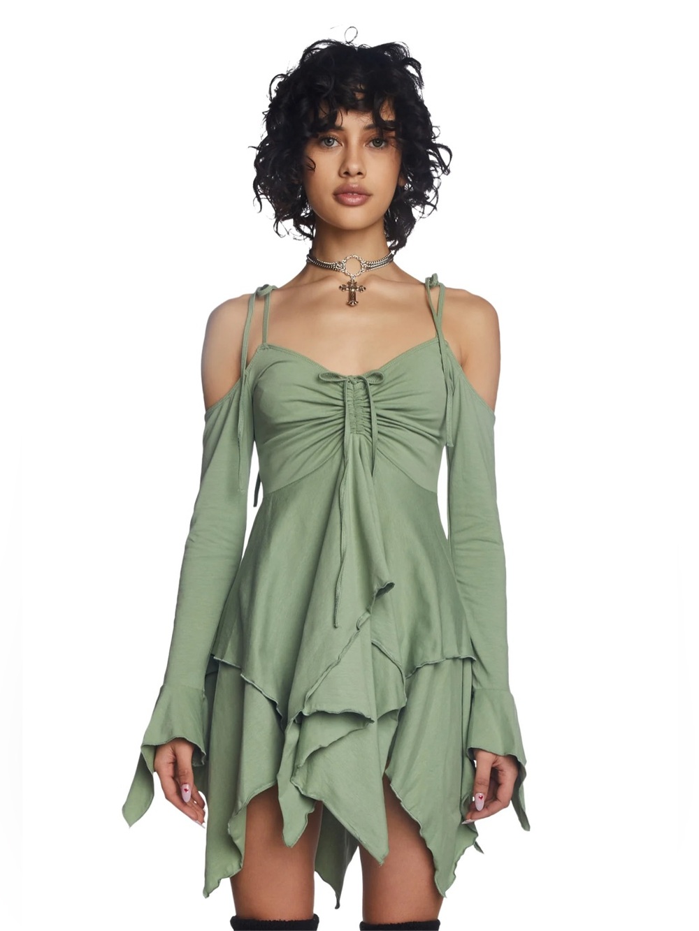Current Mood Sage Green Cold-Shoulder Mini Dress